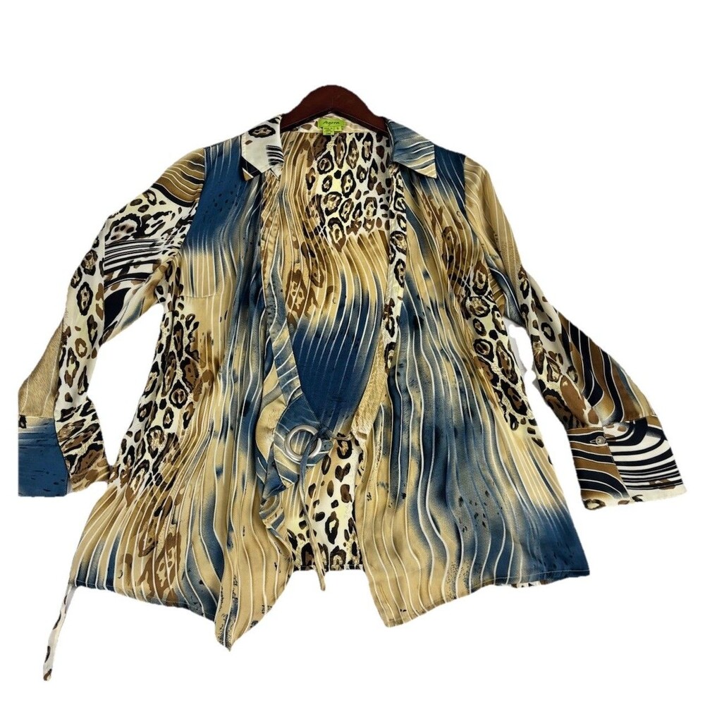 Agora Animal Print Waterfall Open Front Jacket Womens Small Blue Tan Leopard